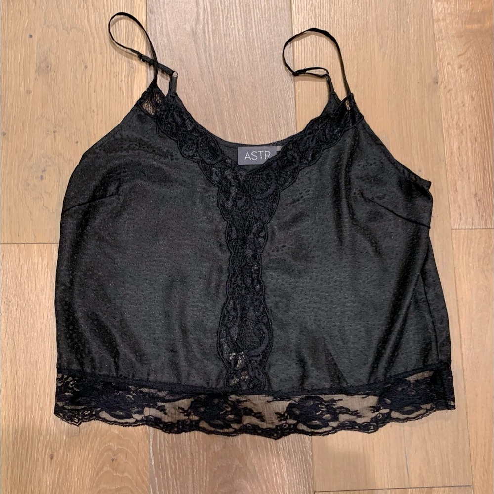 ASTR The Label lace-trim black on black polka dotted cami Size M